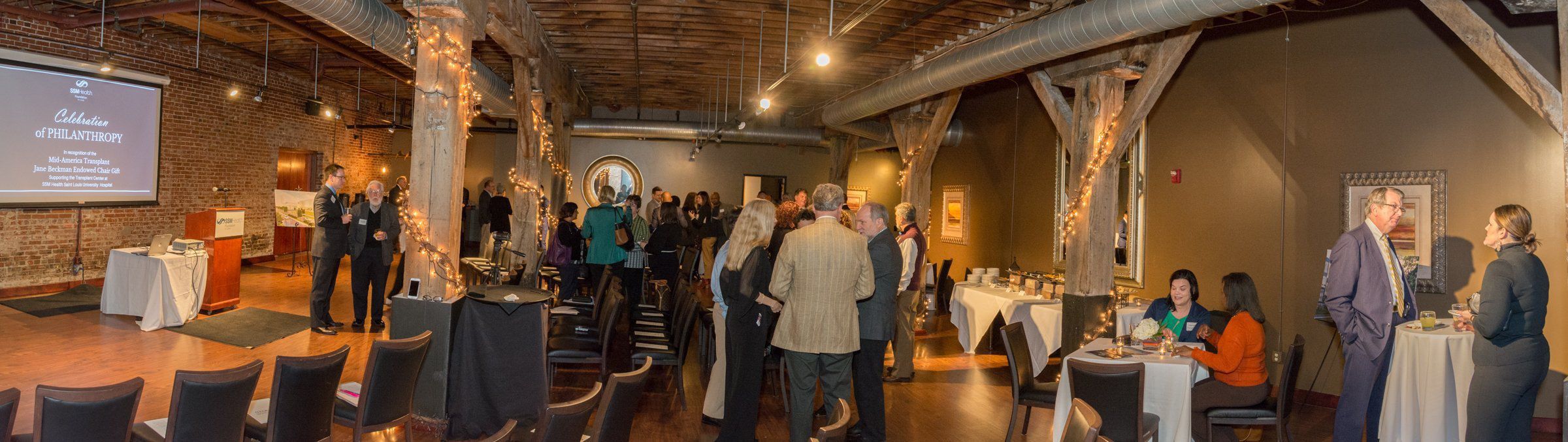Panorama of the event space during the cocktail hour